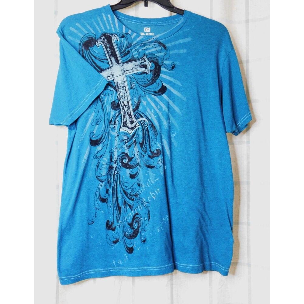 CJ Black Men's Cross Graphic T Shirt Sz. L Teal Black Velvet Y2K Grunge